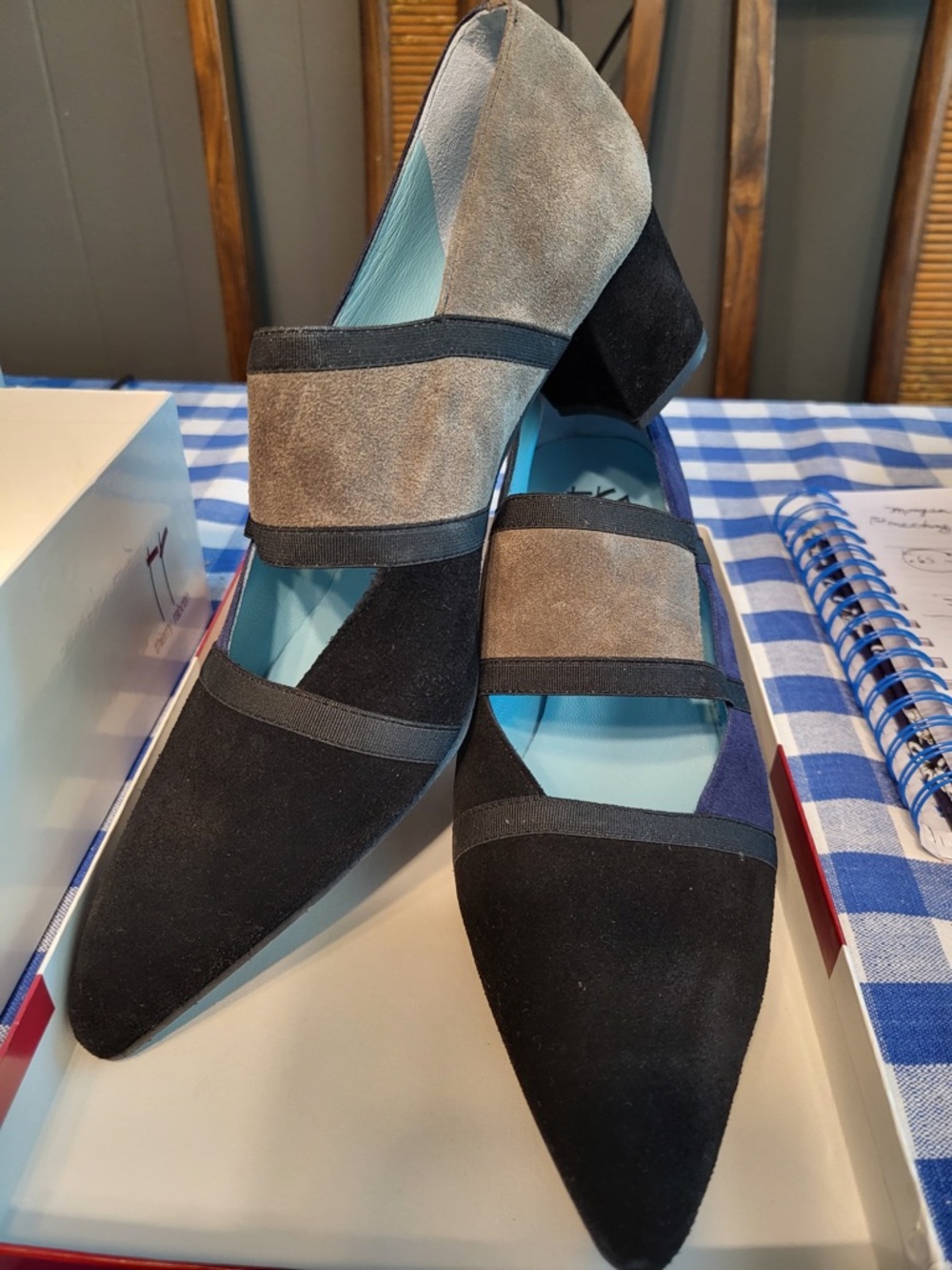 Thierry Rabotin Two-Tone Suede Pointed Block Heel Pumps in Black & Gray